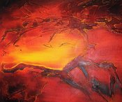 Närbild på svart, orange och röd abstrakt oljemålning, tavla