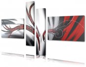 Tavla med abstrakt motiv i röd, svart, vit, grå och silver