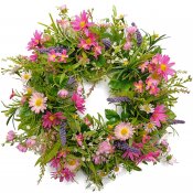Krans, dörrkrans med rosa och cerise-rosa blommor med gröna blad - 35 cm