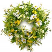 Krans, dörrkrans med vita och gula blommor med gröna blad - 35 cm