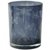 Blå och grå glaslykta, lykta värmeljushållare med fjärilar - 12.5 cm hög