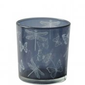 Blå och grå glaslykta, lykta värmeljushållare med fjärilar - 8 cm hög