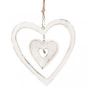 hjärta i trä hängdekoration - Vit antik - 9 cm