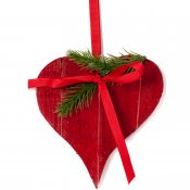 Röd hjärta trädekoration med röda sidenband och grankvist - 15 cm-