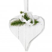 Vitt hjärta trädekoration med vita sidenband och grankvist - 15 cm-