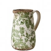 Kanna, tillbringare, Vas med grönt mönster på vit botten - Antikbehandlad från Affari - 18 cm hög