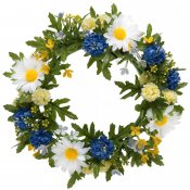 krans, dörrkrans med blå, gula och vita blommor - 27 cm