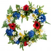 Krans, blomsterkrans i blå, röd och vita konstblommor - 30 cm