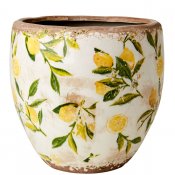 Kruka, Urna med gula citroner och gröna blad på vit botten - Antikbehandlad från Affari - 17 cm hög