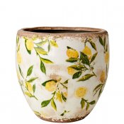 Kruka, Urna med gula citroner och gröna blad på vit botten - Antikbehandlad från Affari - 13,5 cm hög