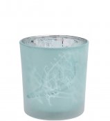 Ljuslykta i frostat glas med fågel och kvistar - Turkos, blå - 8 cm hög