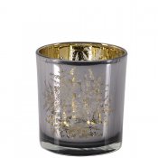 Grå och silver ljuslykta i glas med snöflinga - 8 cm hög