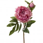 Rosa pionkvist, konstblomma pion med gröna blad - 50 cm