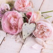Bröllops-servetter med vitt hjärta och rosa rosor - 33x33 cm