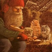 Servett med gammaldags julmotiv med tomte katter och julgrötermiljö