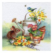 Påsk servett med kanin, fågel, påskblommor och vattenkanna - 33x33 cm