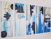 Handmålad abstrakt grupptavla, oljetavla, akrylmålning i svart, vit, turkos, blå och grå