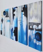 Abstrakt tavla, oljemålning i blå, turkos, vit, svart och grå