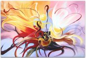 Tavla, konst, oljemålning med abstrakt motiv i lila, gul, blå, orange, röd, brun och rosa