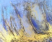 Närbild av abstrakt oljemålning i blå, turkos och guld