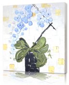 Vacker tavla, oljemålning, akrylmålning med blå blommor, vit och guld - modern konst