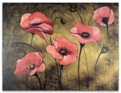 Vacker oljemålning, tavla, konst med blommor - rosa vallmo och guld, koppar, brun bakgrund