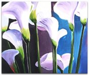 Oljemålning, konst, tavla med blommor. Vita kalla mot bakgrund i blå, grön, lila och svart