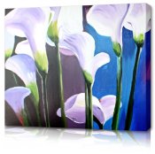 Vacker tavla, oljemålning med blommor och vita kallor i mot blå och lila bakgrund - modern konst