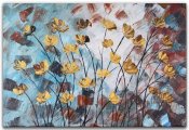 Tavla, oljemålning med blommor i guld mot turkos och brun - modern konst