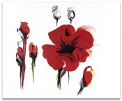 Oljemålning, tavla med röda fina blommor mot vit bakgrund - modern konst