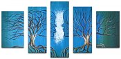 Modern tavla, oljetavla, oljemålning med man och kvinna som träd i blå och turkos