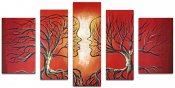 Tavla, oljemålning, grupptavla med träd - röd och orange