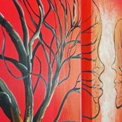 Närbild på oljemålning, tavla med träd som man och kvinna - röd och orange