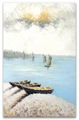Akrylmålning, handmålad tavla med ljusblå hav och båtar