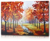 Tavla, oljemålning, konst med dimmigt landskap i höstens färger