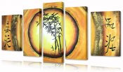 Tavla, oljemålning, grupptavla med abstrakt landskap och bambu i gul, orange, brun och guld