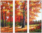 Oljemålning, konst, tavla med landskap - Skogsäng i röd, orange, gul, grön och ljusblå