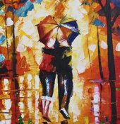 Konst, oljemålning, tavla med par i regn under paraply