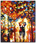 Konst, oljemålning, tavla med par i regn under paraply