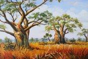 Närbild på oljemålning, tavla med afrika och savann