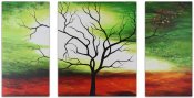 Handmålad tavla med träd och landskap - Gul, grön, vit, svart och röd