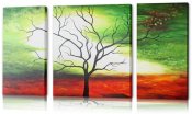 Tavla, oljemålning, akrylmålning med landskap och träd - Grön, röd, gul och vit