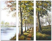Vacker oljemålning, grupptavla med träd och vatten - modern konst i ljusblå, grön, brun, gul och röd