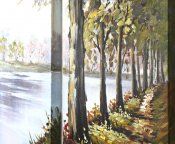 Närbild på handmålad tavla, akrylmålning med en park vid vattnet - ljusblå, brun och grön