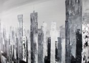 Närbild på oljemålning av city skyline i grå, svart och vit