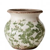 Vas, Kruka, Urna med grönt mönster på vit botten - Antikbehandlad från Affari - 16 cm hög