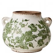 Vas, Kruka, Urna med grönt mönster på vit botten - Antikbehandlad från Affari - Ø18 cm