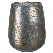 Blå vas, ljuslykta i antikbehandlat glas - 17 cm hög
