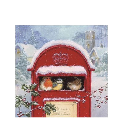 Kaffeservett med julmotiv med fåglar i postlåda - 24x24 cm