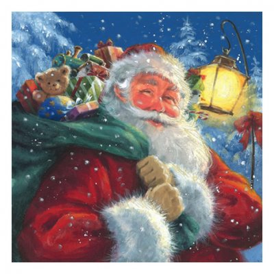 Servett med julmotiv med tomte och julklappssäck